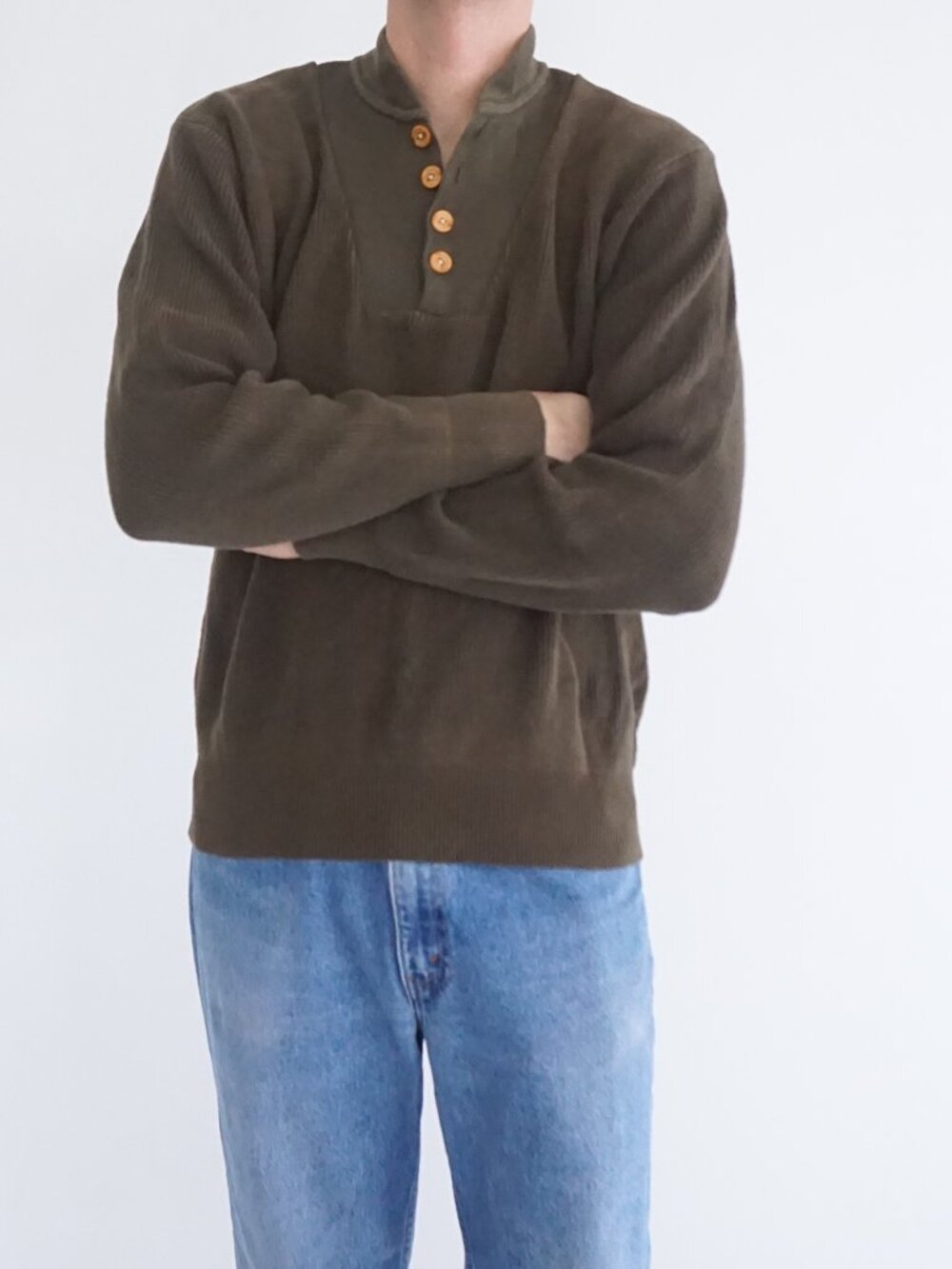 Vintage Eddie Bauer Olive Cotton Henley Knit Sweater Outdoor Fishing Camping XL